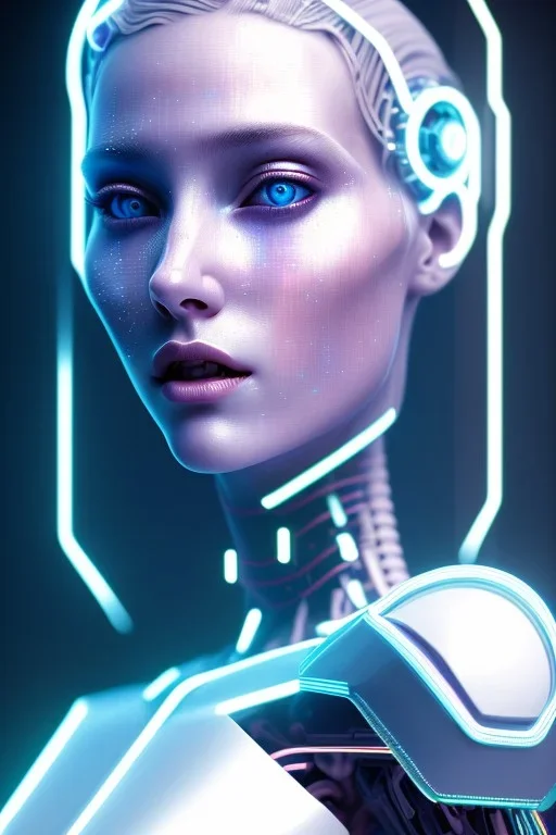 cyberpunk, head, robot, portrai, tron sketch of a girl on lined paperA beautiful one nude body of a make up smiling woman blond long hair, alone, high key lighting, volumetric light high details with white stripes and blue eye, smiling with plump pink lips, flowers around, unreal engine petit prince belle fine, profil de trois quart, grand front cosmique, peau bleu cristalline, yeux bleu, perle sur le front long cheveux blond et rose etoilé, cristaux sur le corps, collier de grande princesse, l