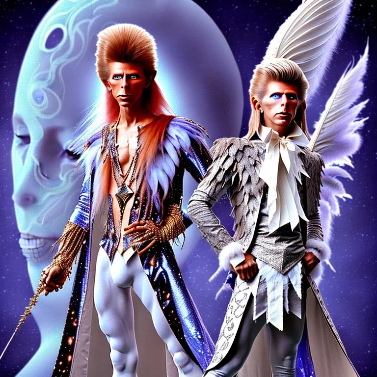 david bowie, one male model, white owl feather fancy clothes, Jim Henson's The Labyrinth, Jareth the goblin king, crystal ball in hand, wearing spandex grey leggings with a crotch bulge