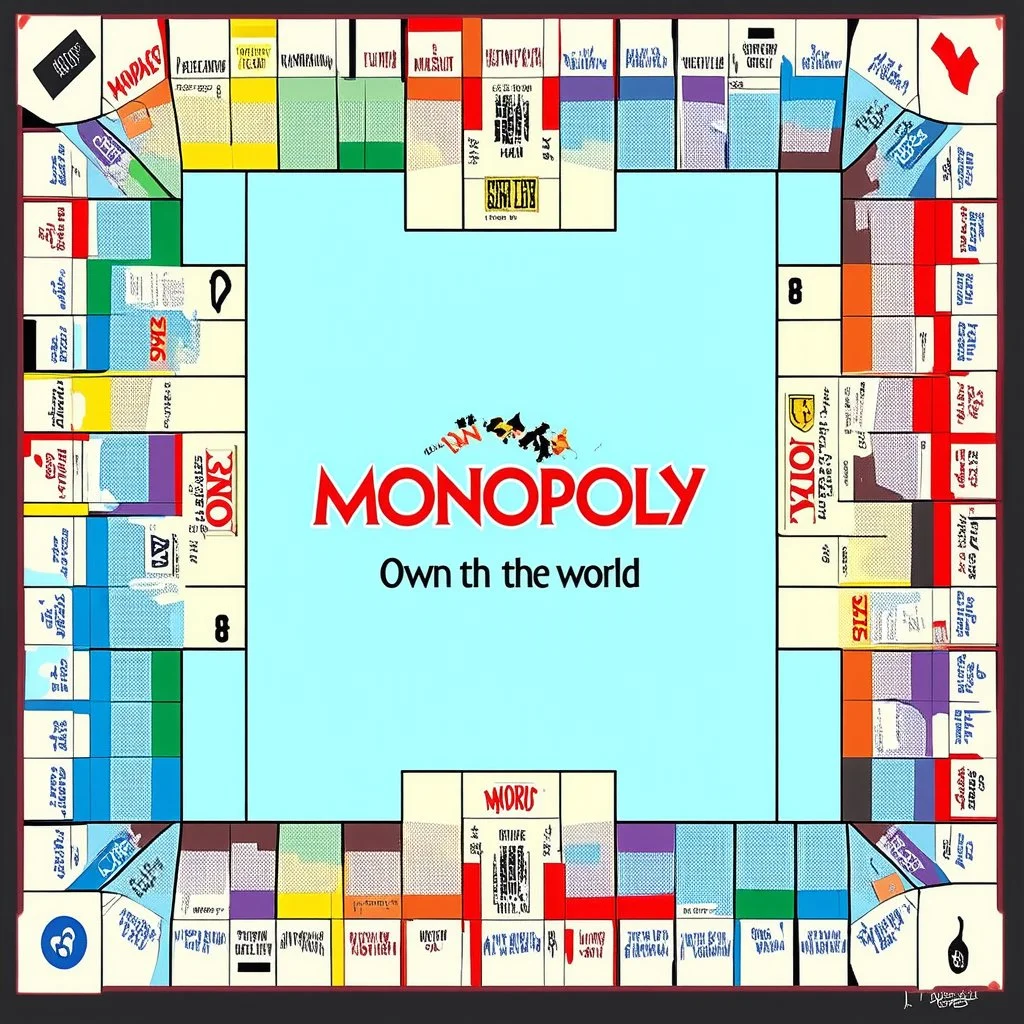 create a custom monopoly style board GAME with: 1 row of EQUAL SIDES 12 SQUARE EACH SIDE WITH A BIG SQUARE IN THE MIDDLE. MAKE THE WRITING IN THE MIDDLE SAY OWN THE WORLD ,
