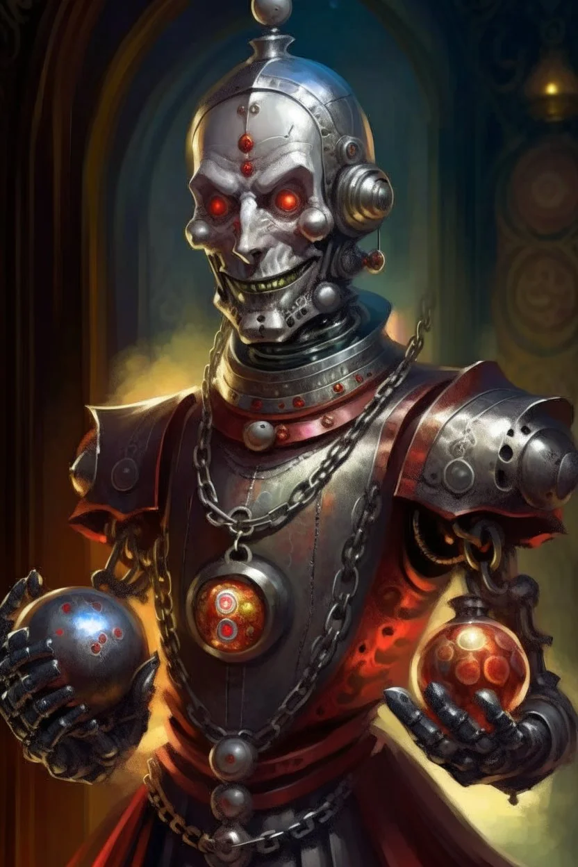 book illustration, oil painting portrait of slightly knightly smirking robot vampire holding magical ball in chain, bokeh , high detail, smooth render, prize winning