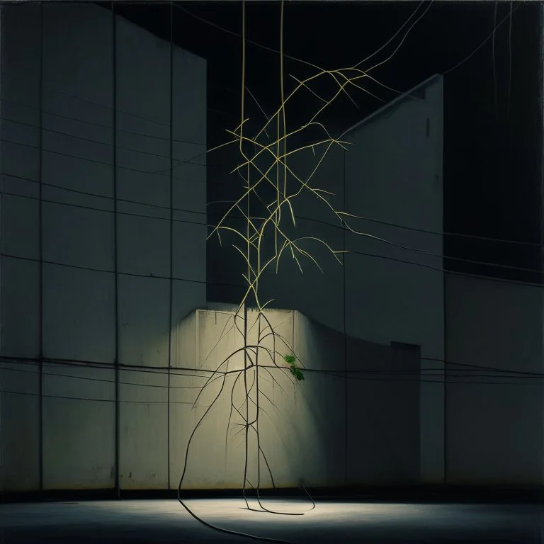 Minimal abstract oil painting of a plant in concrete warehouse brutalist architecture and hanging wires illuminated at night.In the style of Frances Bacon