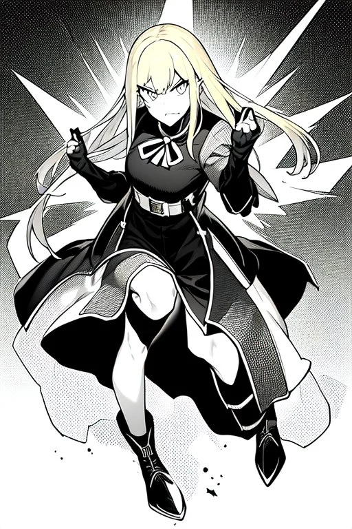 angry blonde girl, angry pose, full body, greyscale