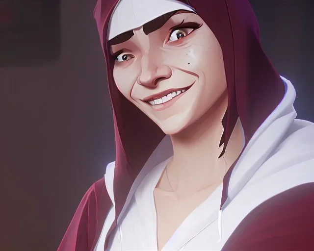 A white hooded robe covers a woman with sleepy eyes and a smile.