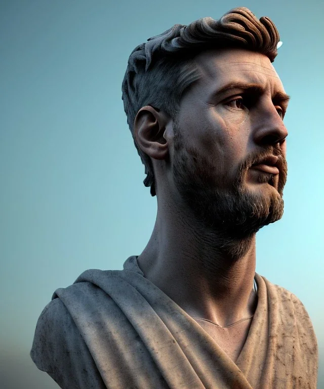 Gran angular, Realistic image, roman sculpture, marble deluxe material, Lionel Messi, gold Laurel leaves crown model, miguel angel style, chisel style, emperador, waist up portrait, cinematic lighting, God light, god rays, 4k resolution, smooth details, ornate details, soft lighting, unreal engine 5, soft cyan background.