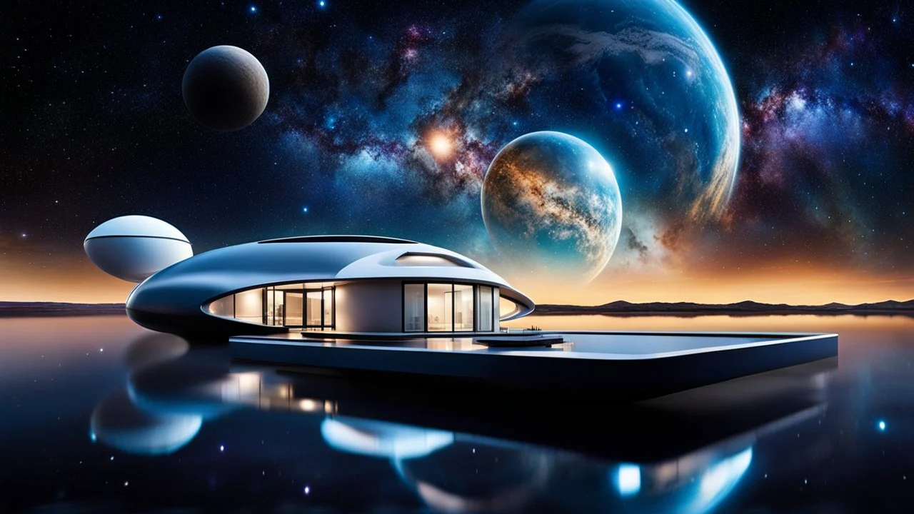 futuristic unique house flotaing in space in outer space in a star nebula, streamlined futuristic spaceship floating in front, nebula behind, stars, tiny planets in the distance, dark blue deep space Professional photography, bokeh, natural lighting, canon lens, shot on dslr 64 megapixels sharp focus, stunnig, cinematic