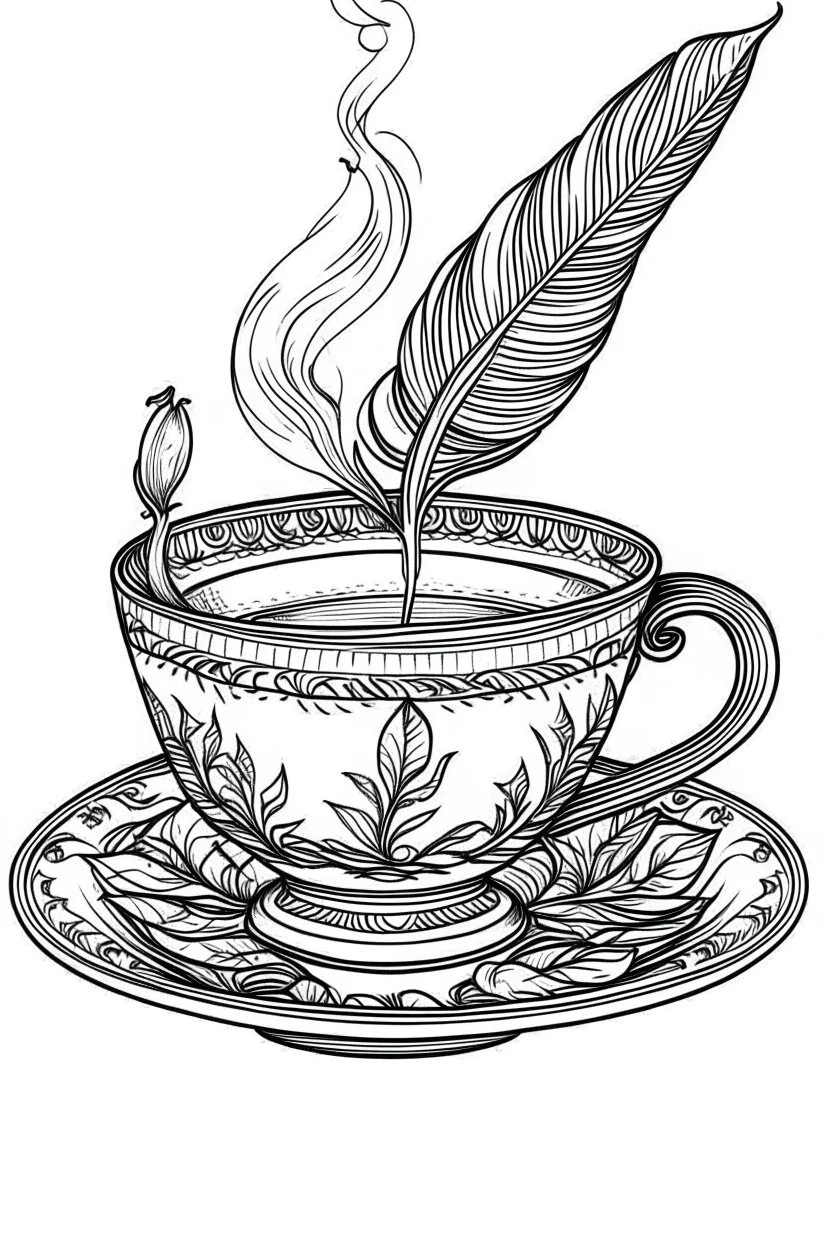 Outline art for coloring page, A SHORT CIGARETTE NEXT TO A TURKISH TEACUP, coloring page, white background, Sketch style, only use outline, clean line art, white background, no shadows, no shading, no color, clear