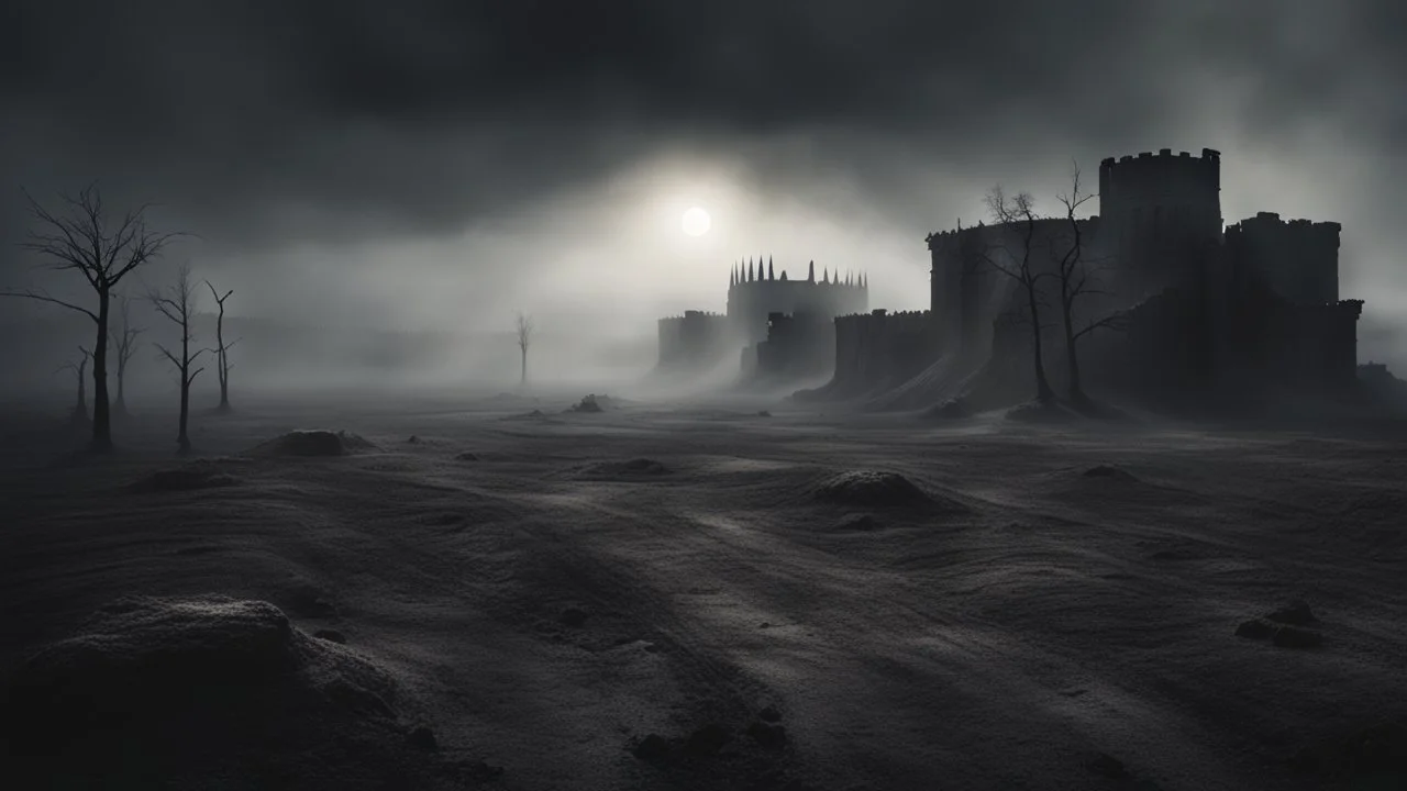 a flat apocalyptic landscape covered in dark gray dust. ancient battle field. dead sun. dark grey fog. seen from the ground. fantasy, horror. no trees