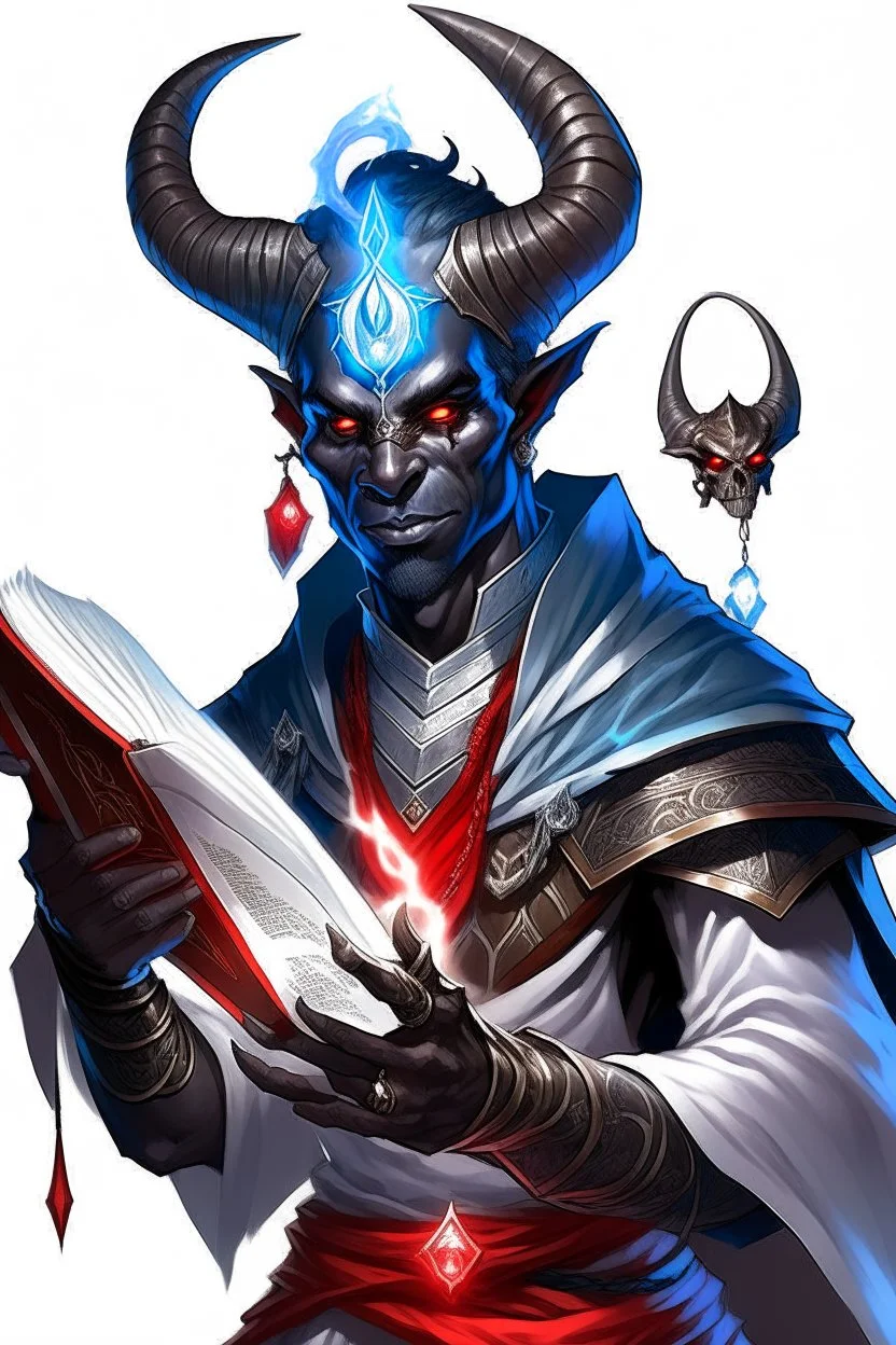 En Young male black skin tiefling fra dnd holding a book with Arcane Magic in a silver and White Rope. His horn a perfectly place on acet from the front to the back pointing upwards with glowing Red cat Eyes glowing Blue Arcane Magic around them