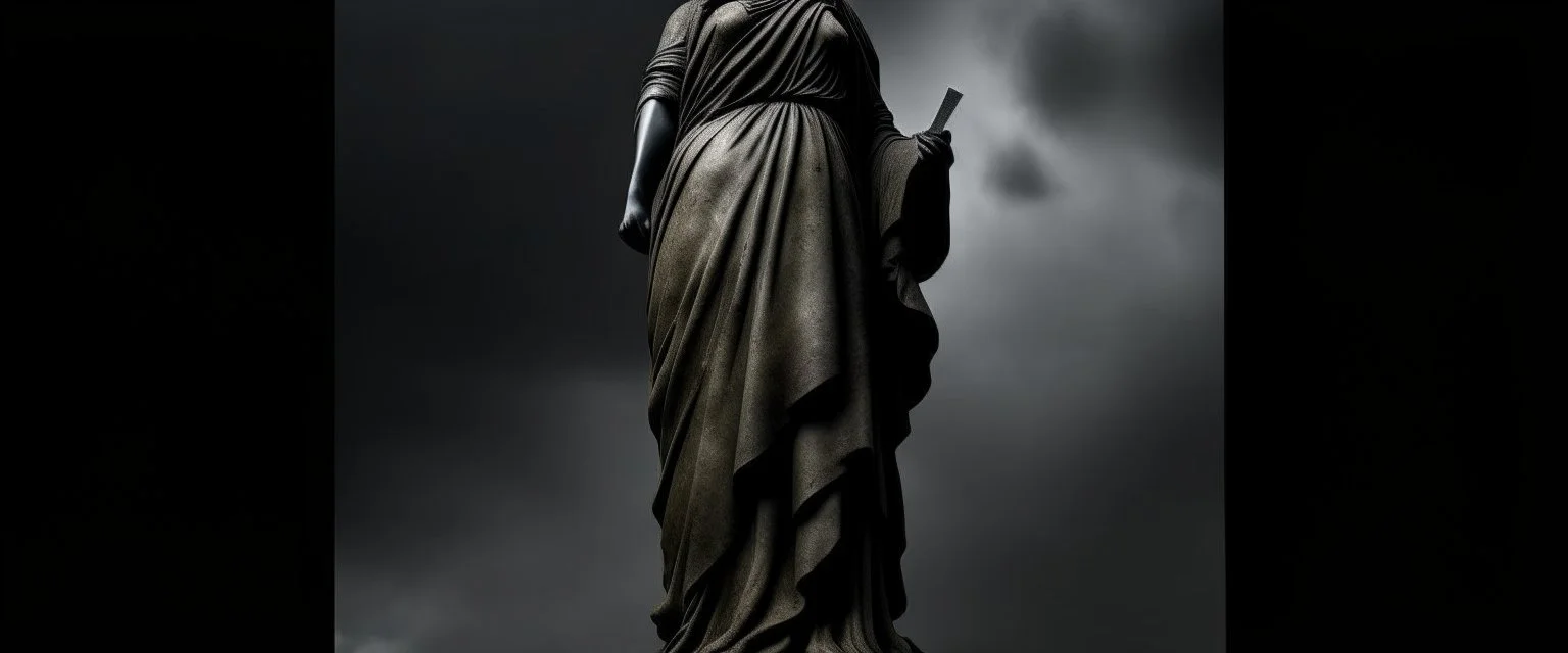 the statue of liberty, dress dirty and torn, her face solemn and terse, trash littered at her feet, she holds a crumpled american flag, she walks away, back to the viewer, under a dark and dreary sky