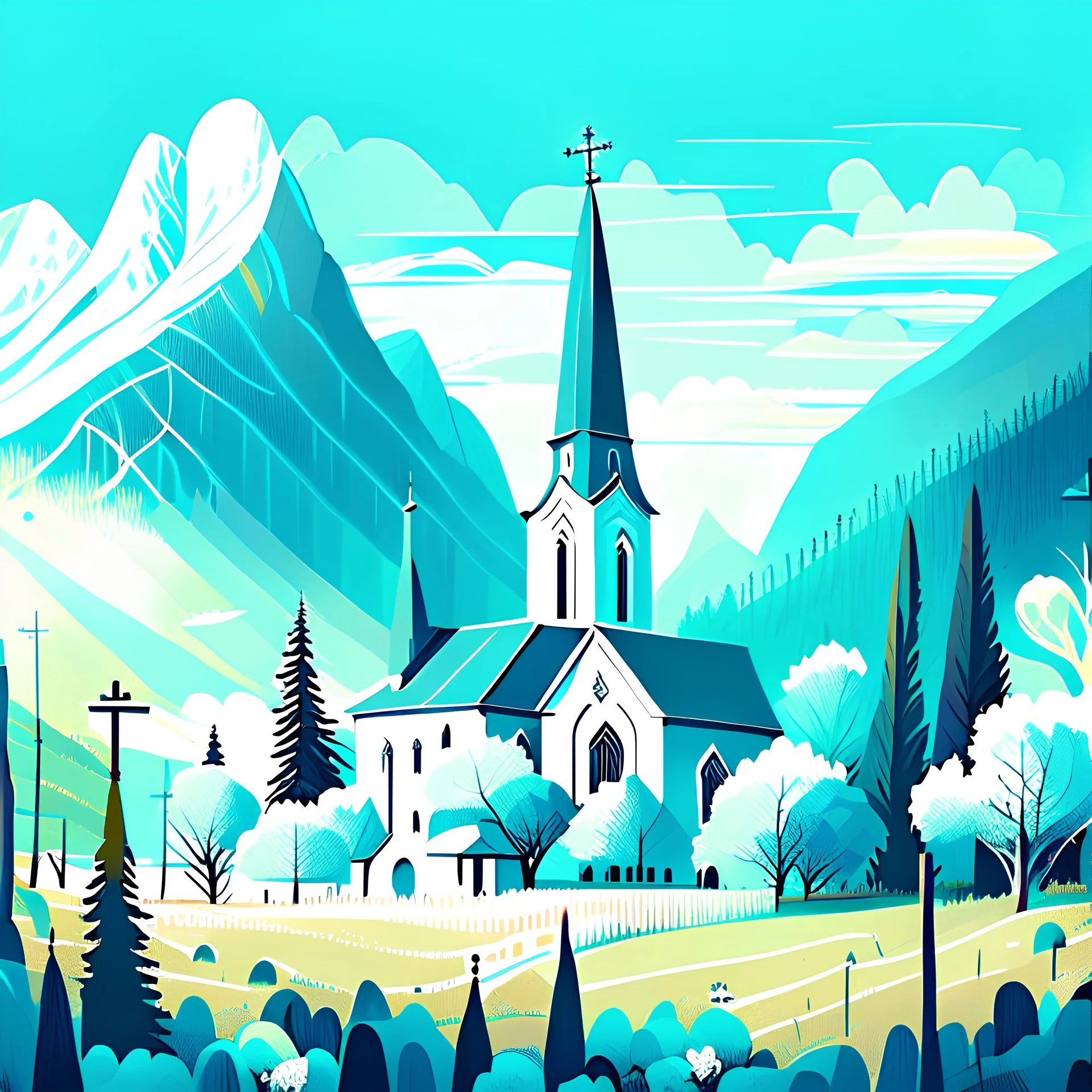 Beautiful village, church, trees mountains, aquamarine colour background,illustration.