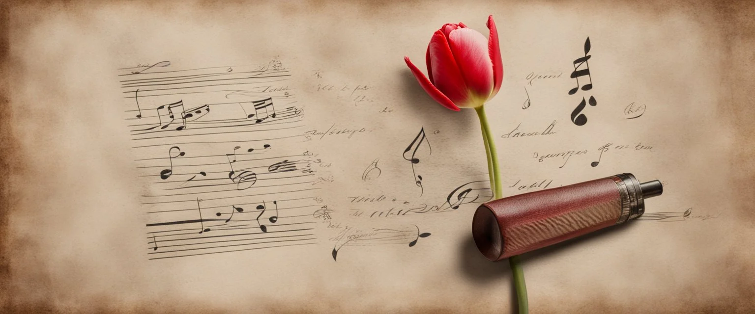 Hyper realistic red tulip on the side of a vintage paper with harmonica instrument & small musical notes