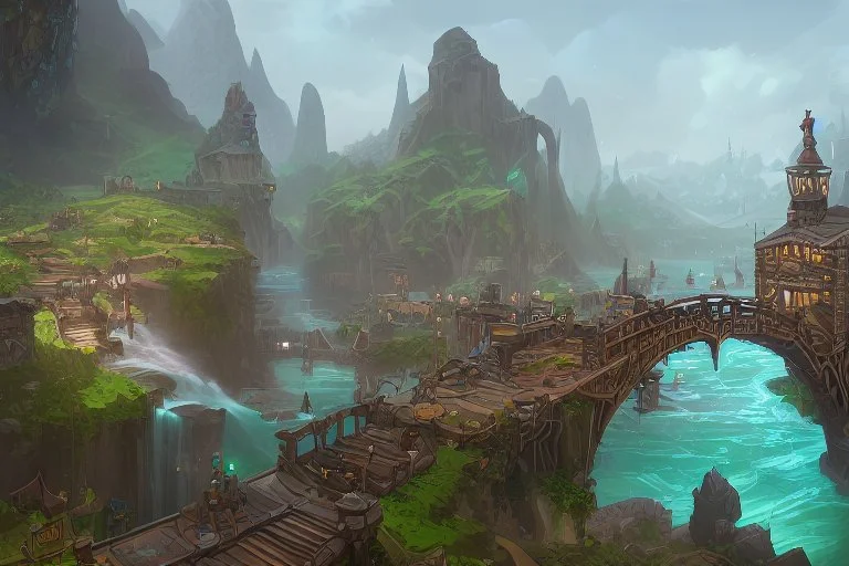 fantasy village with waterfall, bridges, people, next to lake, rocks