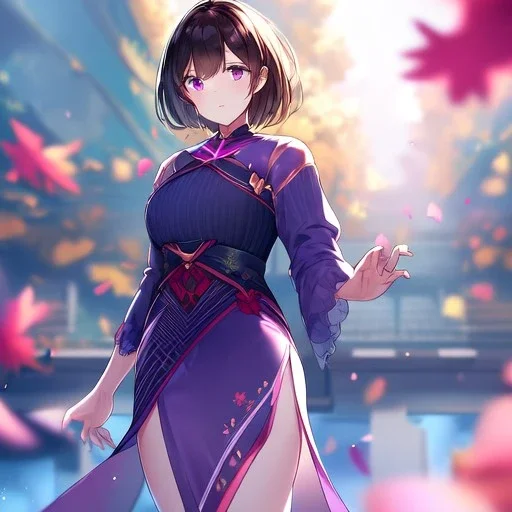 Clear focus,High resolution, one girls, Short brown hair, Purple eyes, Wearing a techy outfit standing with blurry sakura leafs falling down