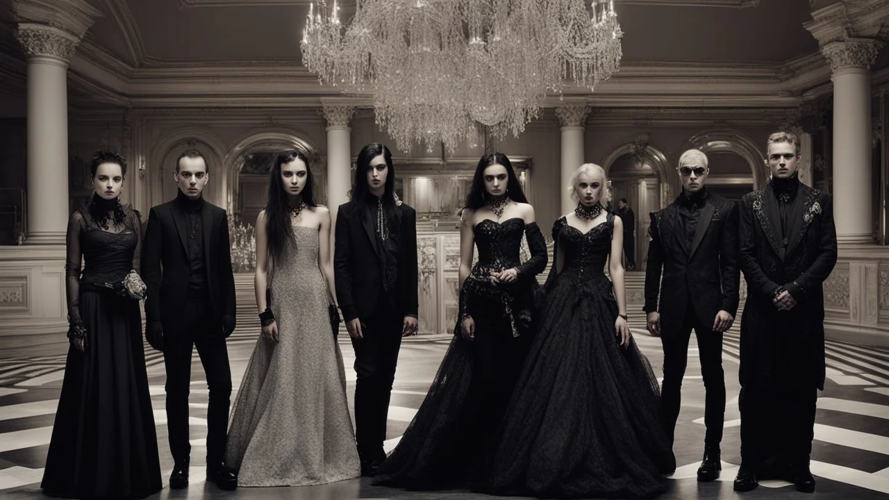 goth fashion, women and men in goth clothes and jewelry, at an elegant party in a grand ballroom. Group photo. high detailed, sharp focus, looking at the camera, cinematic, masterpiece, high realistic, perfect photo