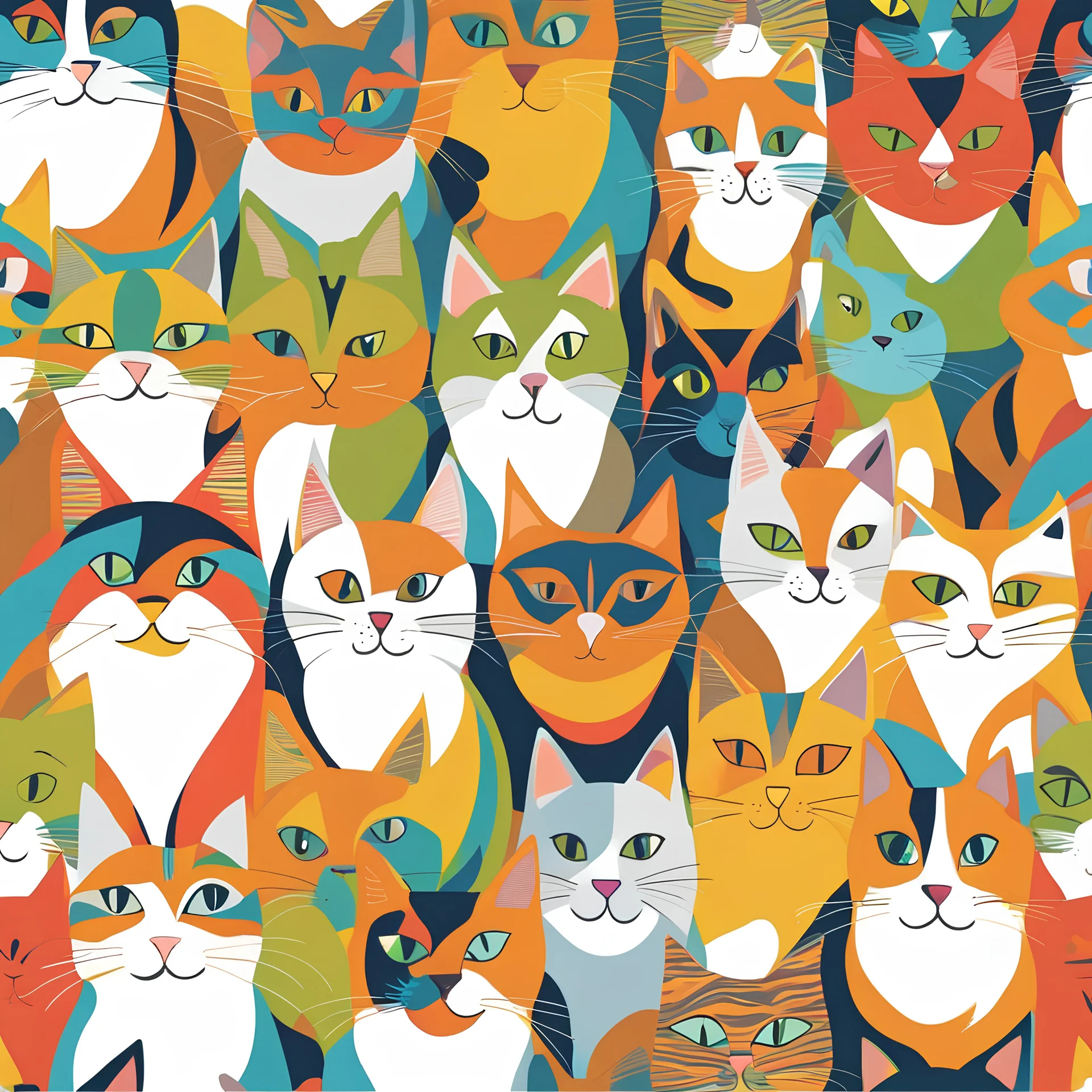 9 cats, funky cats, scribbles and ink, colorful, white background, nine cat, happy and sympathetic charisma, pattern