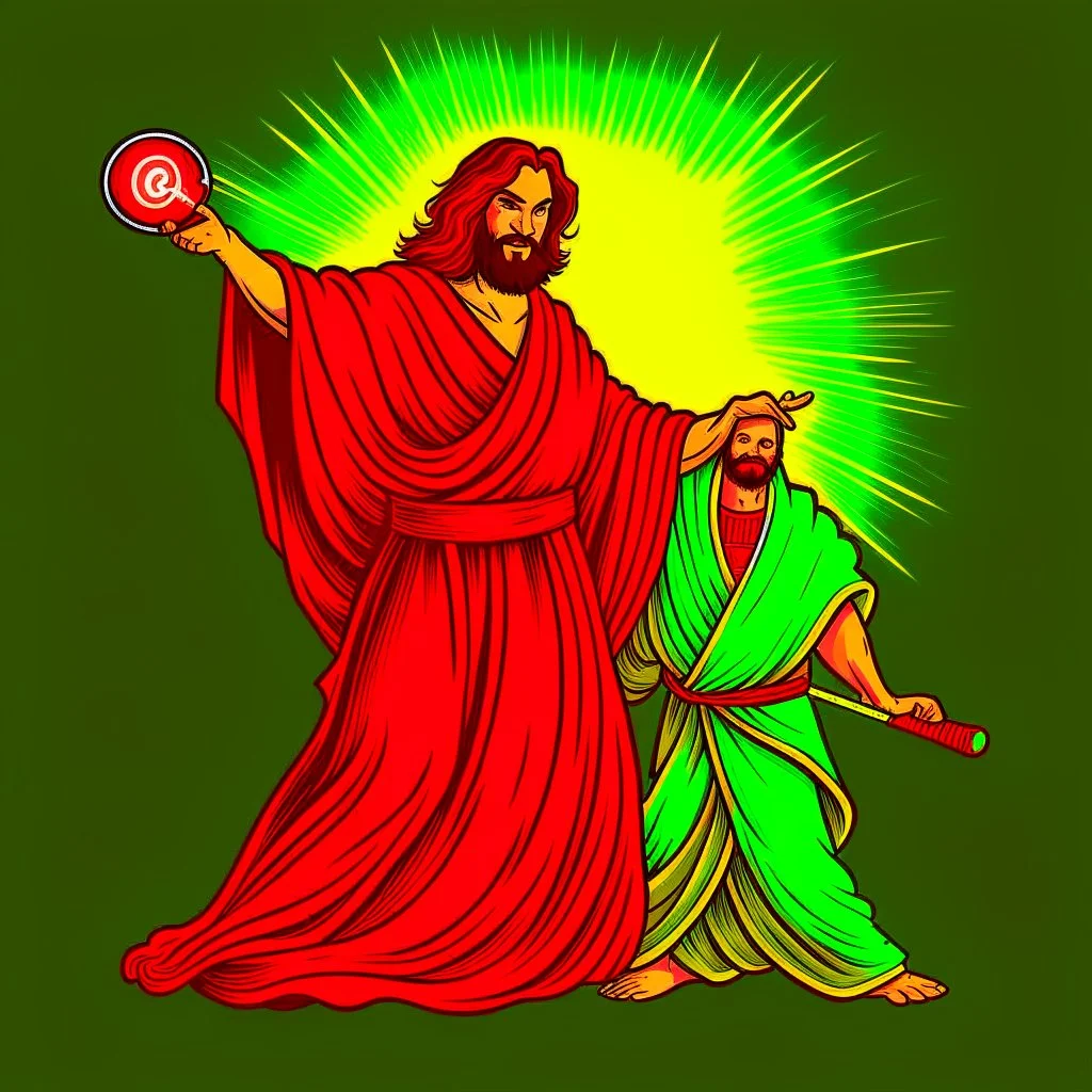 Jesus with a lightsaber opening the belly of the devil