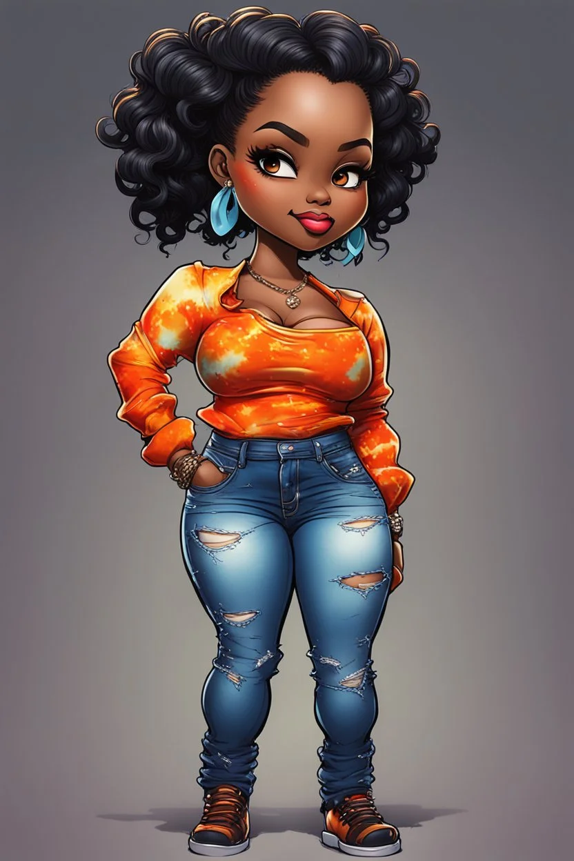 vibrant psychedelic comic book image, airbrush, 48k, cartoon art of a chibi curvy black female wearing torn jeans pants and a orange tie dye off the shoulder blouse. Prominent make up with lush lashes. Highly detailed sleek wavy ponytail