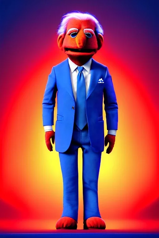 Waist up Portrait, joe Biden as muppet doll, Blue suit retro style, photo studio, blue background, unreal engine 5, concept art, art station, god lights, ray tracing, RTX, lumen lighting, ultra detail, volumetric lighting, 3d.