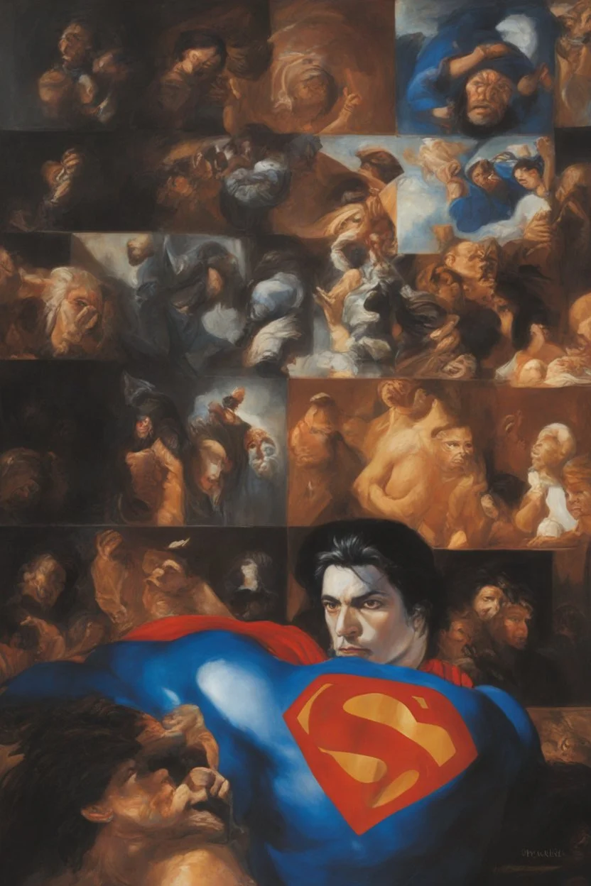 Oil on canvas, chiaroscuro, deep shadows, fairytale, 16th century masterpiece, rich deep colors, highly detailed portrait Superman, long black hair, blue eyes, slight smile, Boris Vallejo, Frank Frazetta, Julie bell, Caravaggio, Rembrandt, Michelangelo, Picasso, Gilbert Stuart, Gerald Brom, Jim Lee, Alex Ross, Dorian Vallejo, Stan Lee Lunar Display, northern lights, glowing, beautiful, Boris Vallejo, Frank Frazetta, Julie bell, Caravaggio, Rembrandt, Michelangelo, Picasso, Gilbert Stuart, Gerald