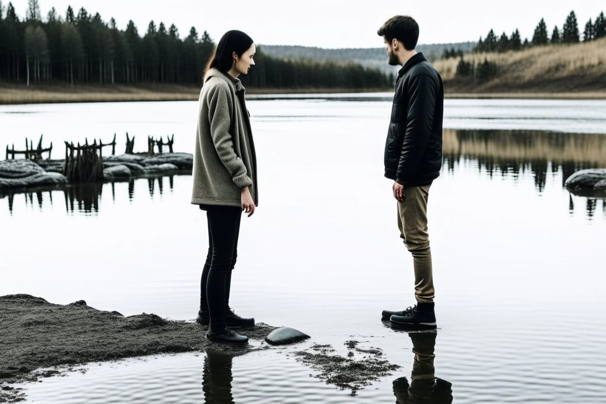 An image of two people exchanging criticism in a constructive and respectful manner, standing on the ground with a lake behind them