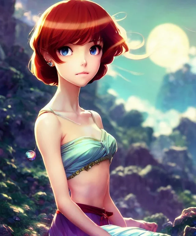 portrait, beautiful girl goddess, babycore red short hair, ice eyes, fantasy atmosphere, styled by Corrado Vanelli, Norman Rockwell, Boris Vallejo super detailed, Studio Ghibli, Anime Key Visual, by Makoto Shinkai, Deep Color, Intricate, 8k resolution concept art, Natural Lighting, Beautiful Composition