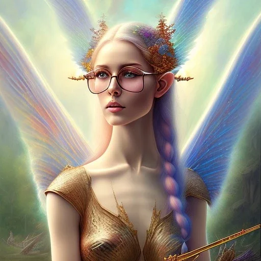 water color and spray painting fantasy art, portrait elven angel,wearing glasses,holding harp, standing in portal to wet forest world from desert world with camels,poetry book illustration