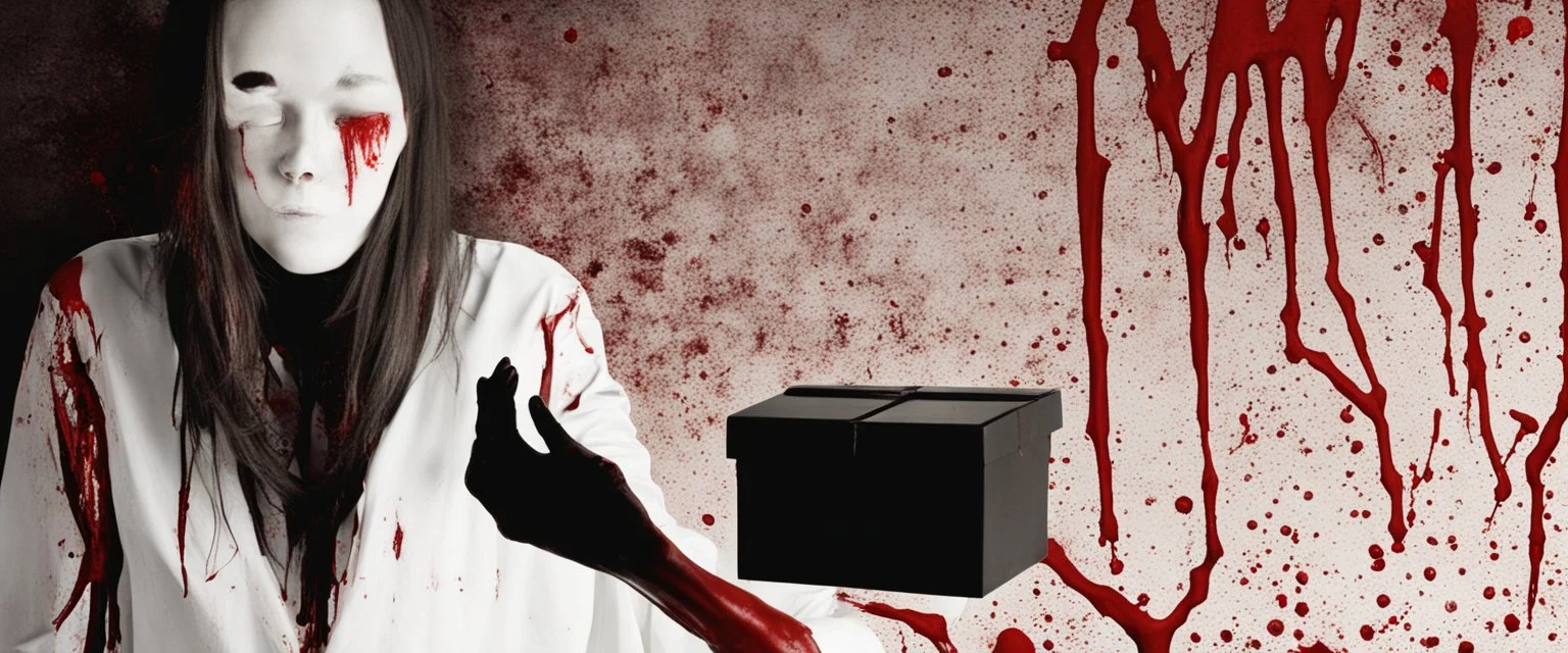 a faceless woman covered in blood holding up a black rectangular box