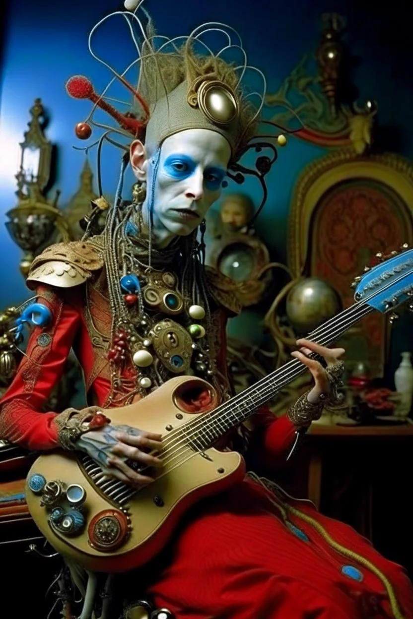 photo by tim walker : loan-blend human-alien biomorphic-animals squid indefinite head extreme wide shot head to toe portrait of weird krofft pufnstuff puppet voodoo cutie sitar player king human nervous systems, renaissance faire alex grey hyper detailed michael cheval with a playful expression made out of mechanical parts and robot arms; cyborg details, unusual and obscure photograph by františek vobecký of a surreal scene of ghastly men, pop art, clive barker style, 300mm f/.8, raw cinematic p