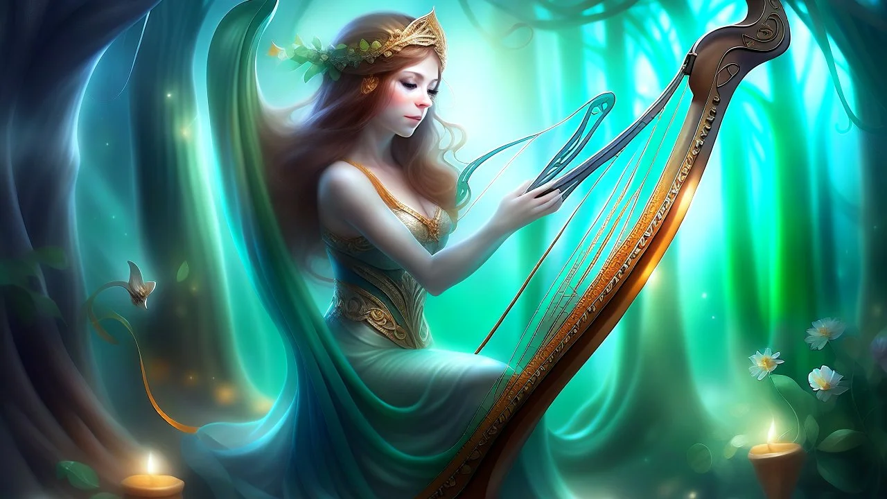 Fantasy digital illustration: = a magical singing harp