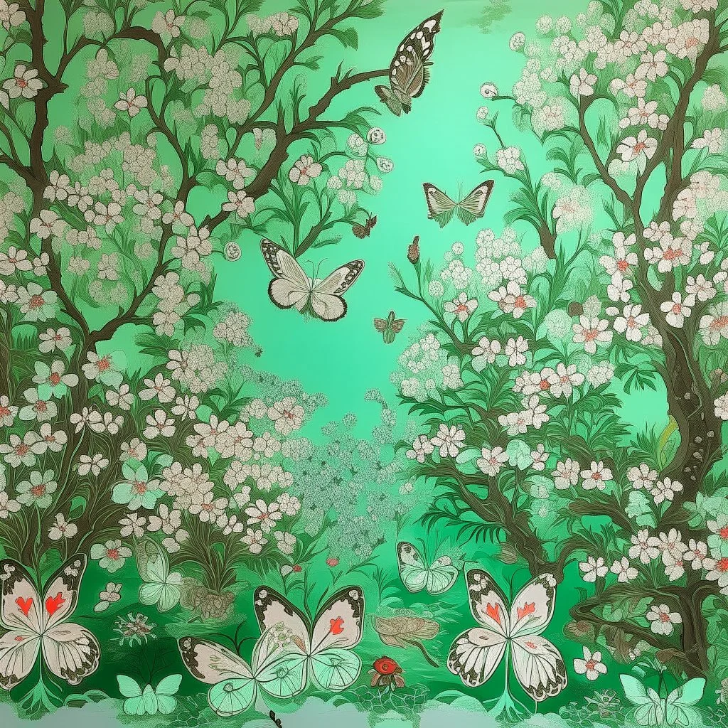 A mint colored garden with cherry blossom trees and butterflies designed in Mehndi design painted by Alfred Sisley