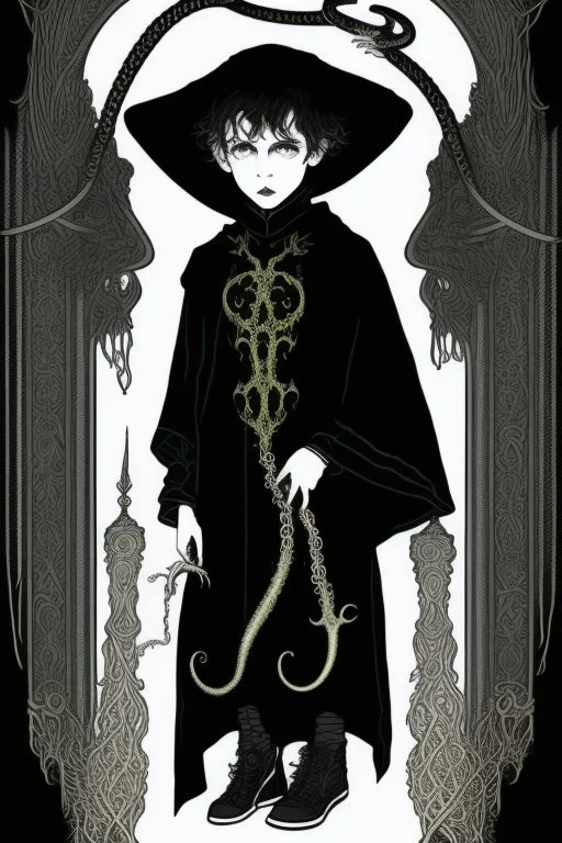 7 year old boy, necromancer, friendly, looks dead,with a lamprey serpent , wearing black robes, in the style of Harry Clarke