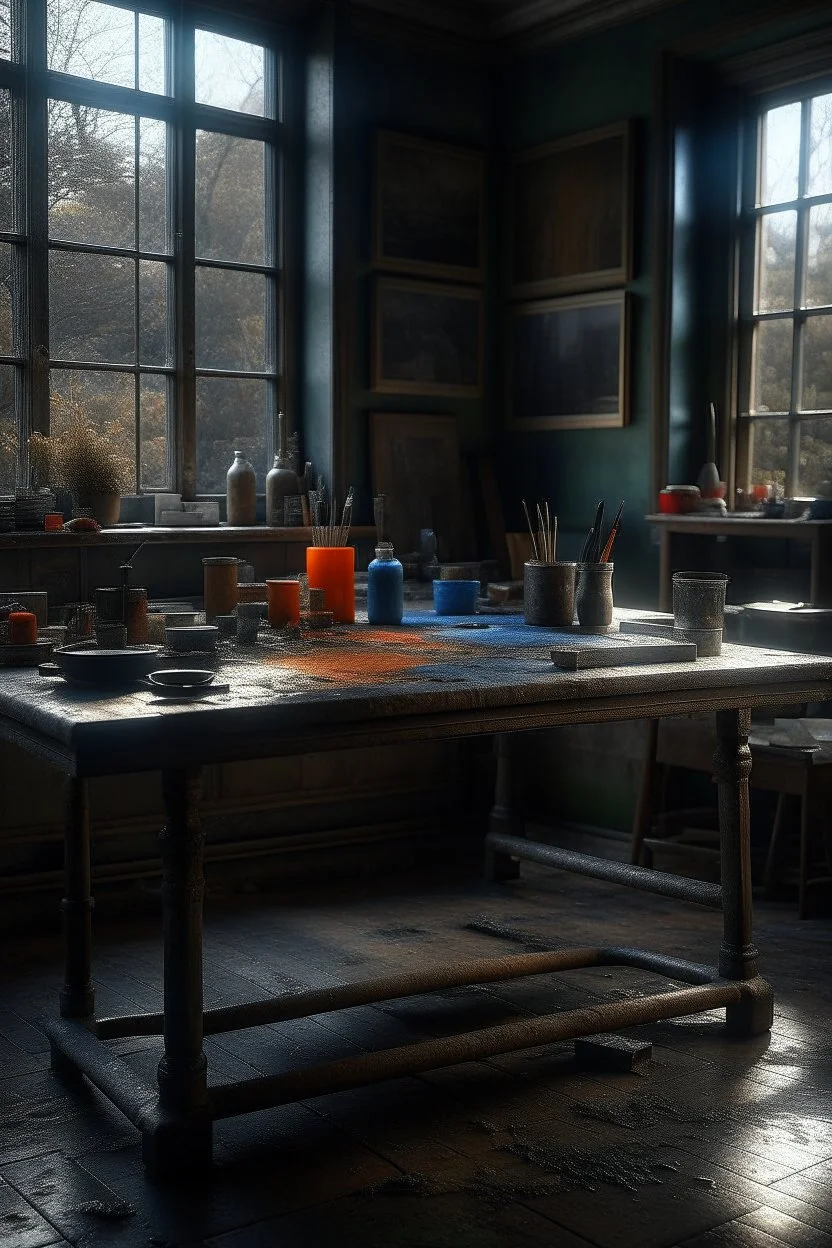 An artist studio with stand on it a dark picture and on the table colors tubes. Nd palate "A very old paints cracked dirty abandoned stage , insanely detailed octane render trending on artstation, 8k artistic photography, photorealistic concept art, soft natural volumetric cinematic perfect light, chiaroscuro, award-winning photograph, masterpiece, oil on canvas, Raphael, Caravaggio, Greg Rutkowski, people, beksinski, Giger