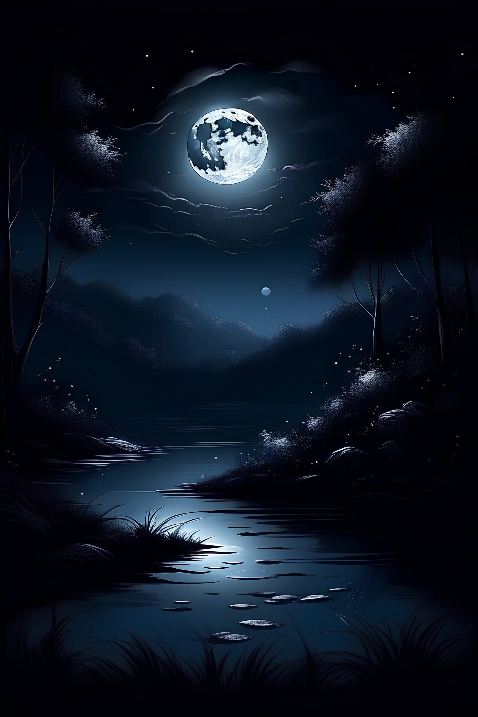 "Create an AI art piece that portrays the captivating interplay of moonlight in a dark night. Visualize a tranquil nocturnal landscape where the moonlight softly illuminates the world, casting enchanting shadows. Capture the stillness and mystery of the night under the moon's gentle glow."