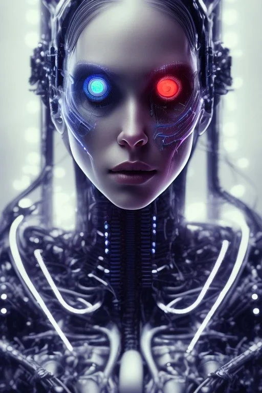 cyberpunk, head, women, portrai, face cry, black eye tears, tron, cyborg, robot, cyborg, white hair, seven , perfekt, real, dream, hr giger