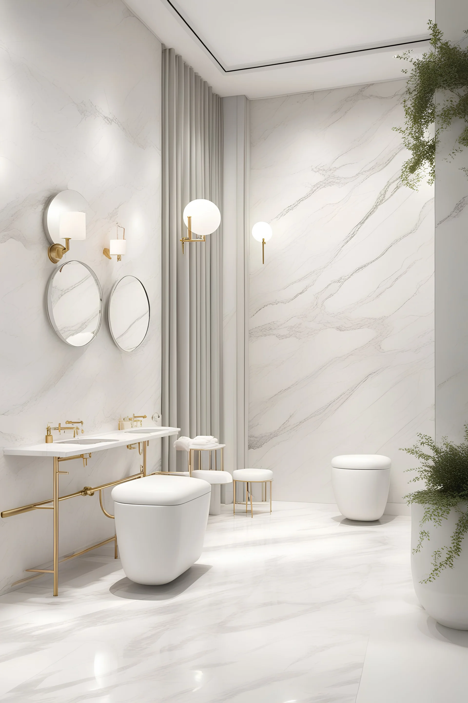 Create a rendering of a bathroom inside a cafeteria all in white marble finishes.