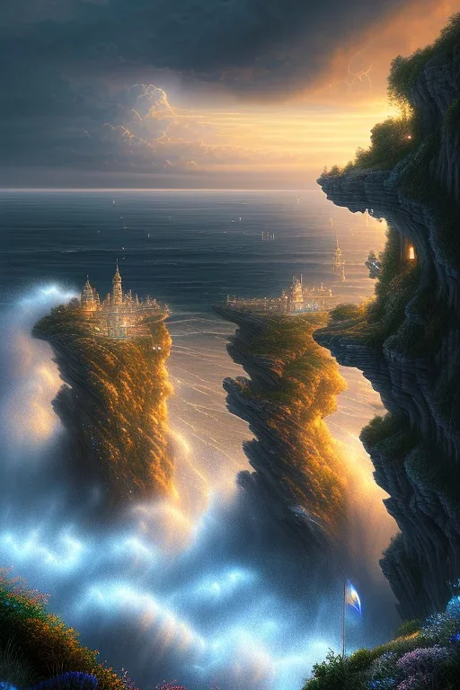 An illuminated city at top on a rough cliff at the stormy sea at sunset, 8k resolution, high-quality, fine-detail, intricate, fantasy art, detailed matte, volumetric lighting, illustration, 3D