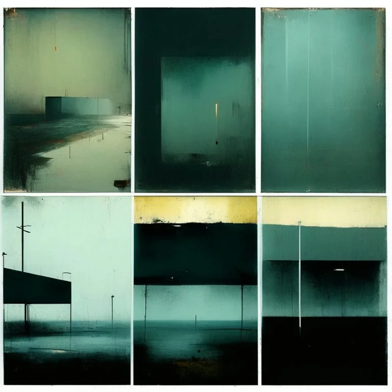 Minimal abstract oil paintings of a desolate concrete 1960s carpark. Road with distant Blurry lights. On the floor are concrete fragments and road markings . In the dark mysterious style of Justin Mortimer and Francis Bacon.