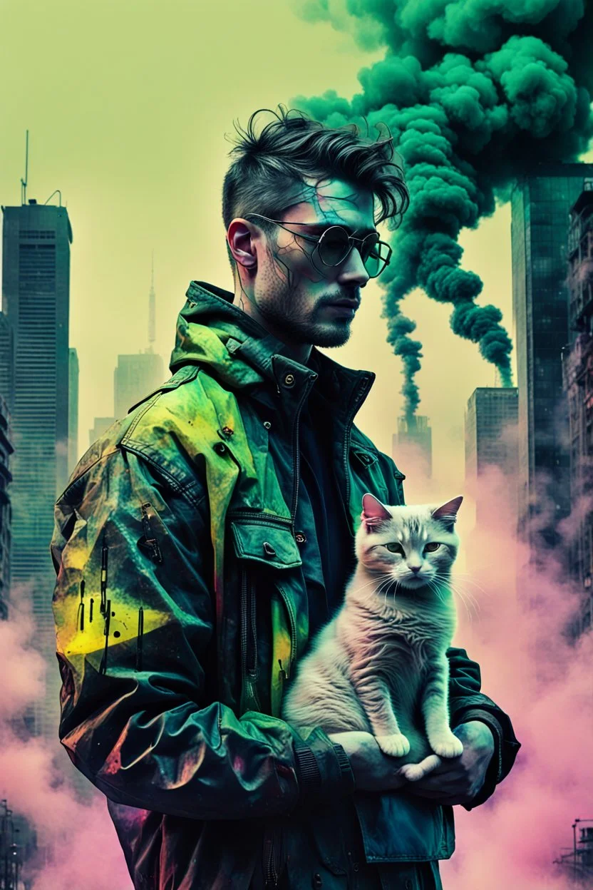 an impasto and tint line photo of a sad cyberpunk man holding a cat standing in front of a city made of smoke, ink leak, bronze - skinned, (front view:1.6), geometric curves, featured art, philosophical splashes of dull weak colors, chartreuse influence, art brought to life, soul shock