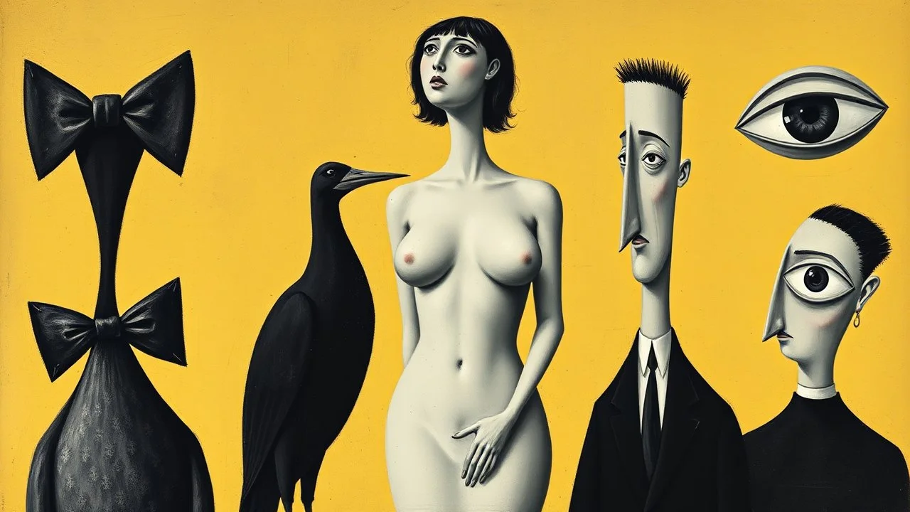This is a digital image of an abstract painting by René Magritte titled "The Lovers." The artwork features a monochromatic palette dominated by black and white tones on a yellowish background. The painting includes surreal, dream-like elements like a bowtie-shaped figure, a bird with a bow tie, a nude woman, and a man with an oversized eye. The figures are arranged in a seemingly chaotic yet balanced composition. The texture is smooth with a slight graininess, typical of early 20th-century surre