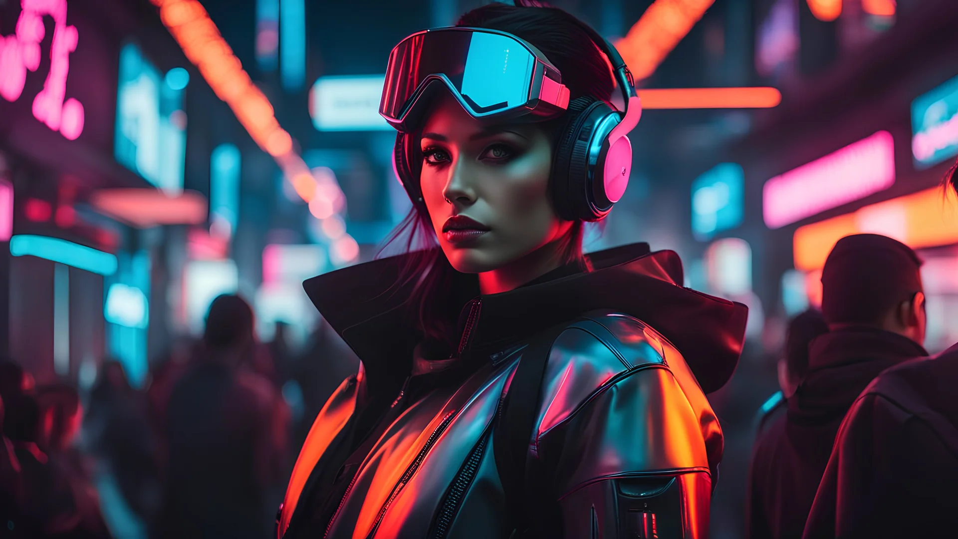 Generate an alluring photograph of a woman in a cyberpunk costume, immersed in the vibrant glow of neon lights, intricate cybernetic enhancements, and the gritty atmosphere of a technologically advanced dystopia.