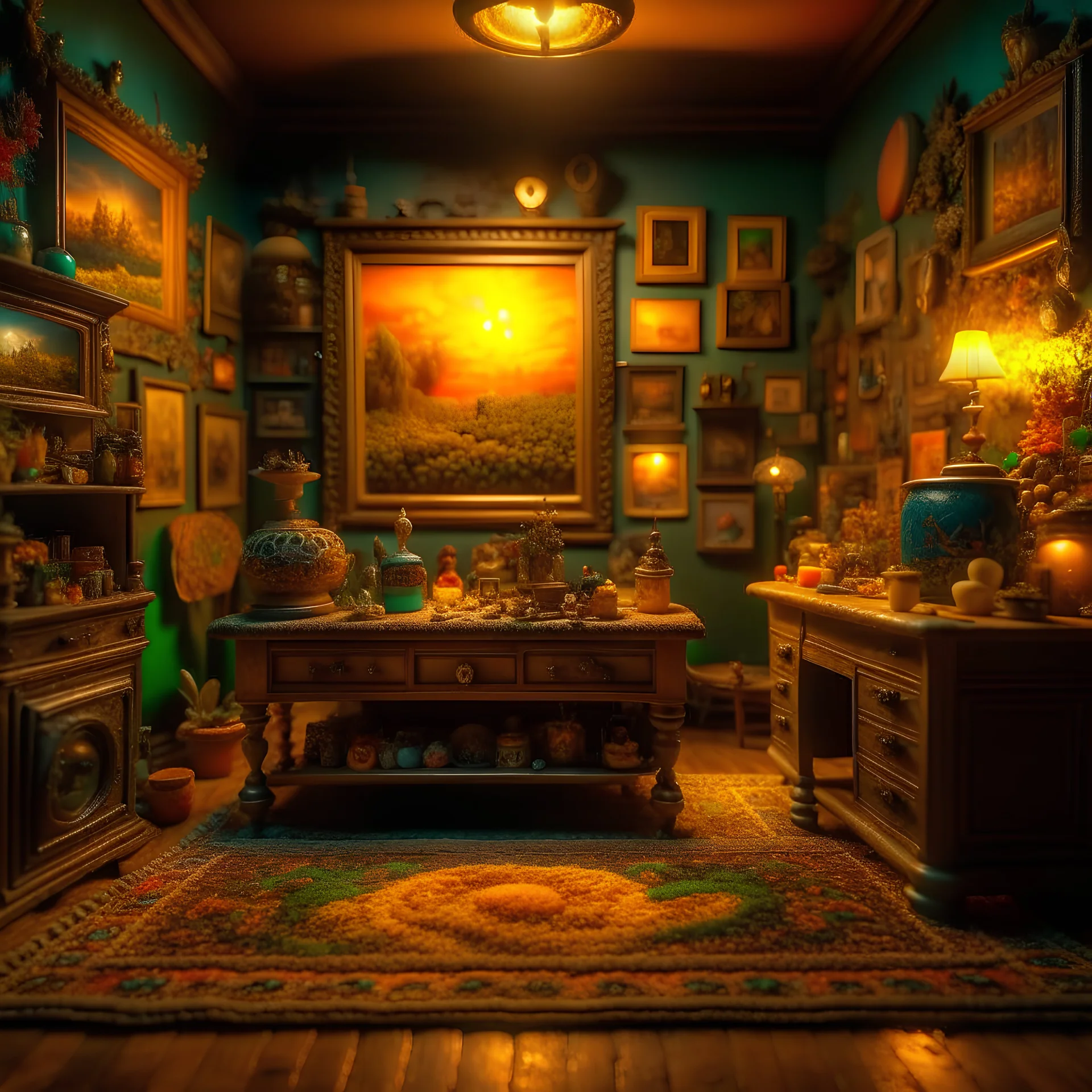 Diorama of old stuff in a room, sharp focus, 8k, 3d, very detailed, volumetric light, grim, fine art, very colorful, ornate, 35mm, F/2.8, insanely detailed and intricate, hypermaximalist, super detailed, decadent