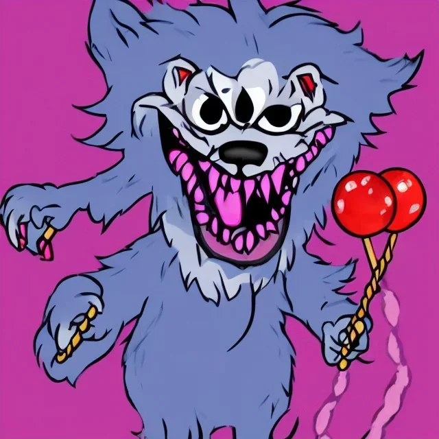 cotton candy werewolf with candies and lollipops, sharp teeth, evil