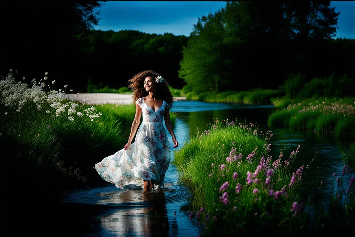 shot from face front green field and wild flower field ,beautiful girl in pretty dress curly hair walking in water toward camera in trees next to wavy river with clear water and nice sands in floor.camera capture from her full body front, spring blosom walking to camera ,camera captures her upper body ,wild flowers moving in the wind ,blue sky,moving pretty clouds ,joy full facet.