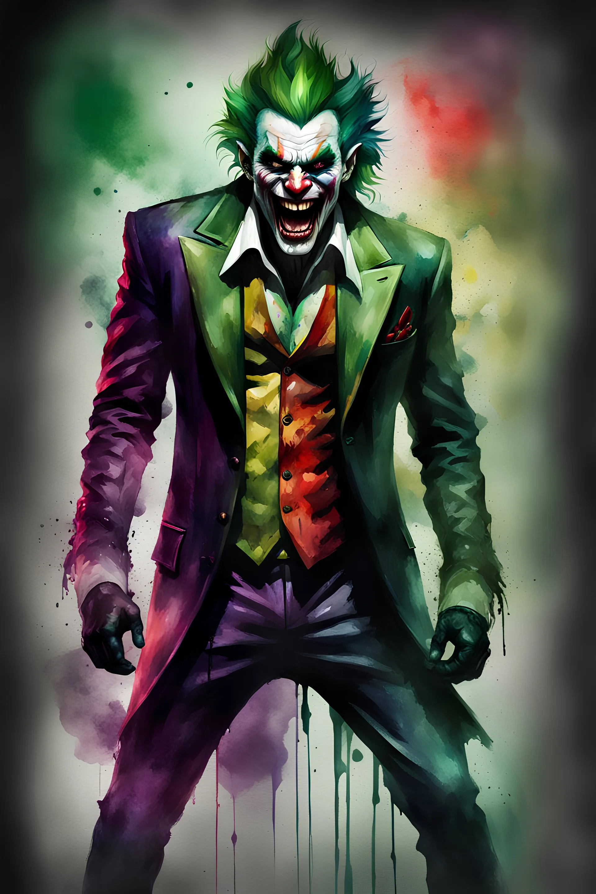 a multicolored, watercolor stained, wall in the background, inspired by all the works of art in the world - laughing - Billy Miller, an extremely muscular vampire werewolf zombie Joker with an emerald mohawk, full body image, wearing a skinsuit, Absolute Reality, Reality engine, Realistic stock photo 1080p, 32k UHD, Hyper realistic, photorealistic, well-shaped, perfect figure,