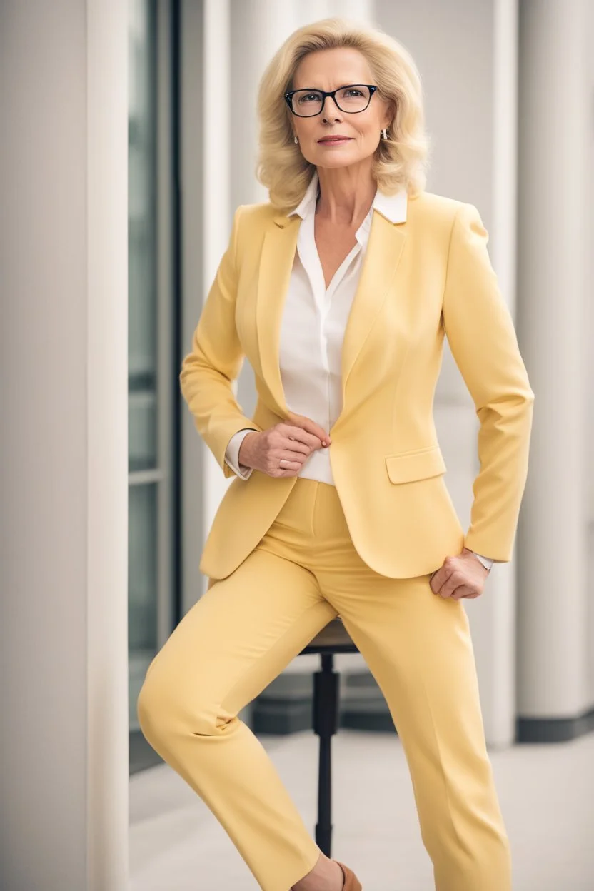 Powerful classical portrait of a modern blonde politician with glasses in her early forties wearing a pastel yellow pant suit standing in a elegant position