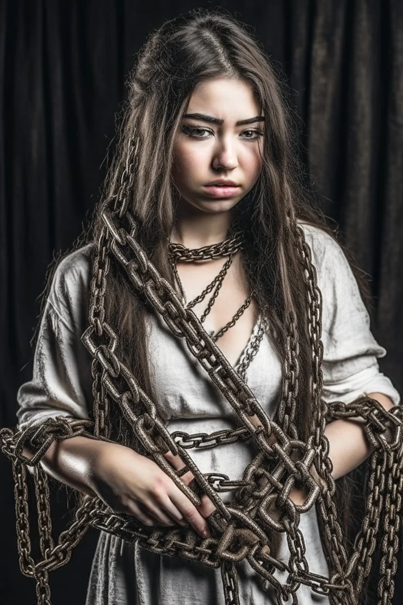 a beautiful chained woman in torn and dirty clothing shattering the iron chain