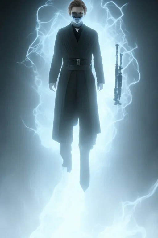 All Black suit Anakin Skywalker soldier, ghost, wearing high tech mask, white smoke, dark, rage, sorrow, high definition, ultra 8 k, volumetric lighting, blue fire, fog