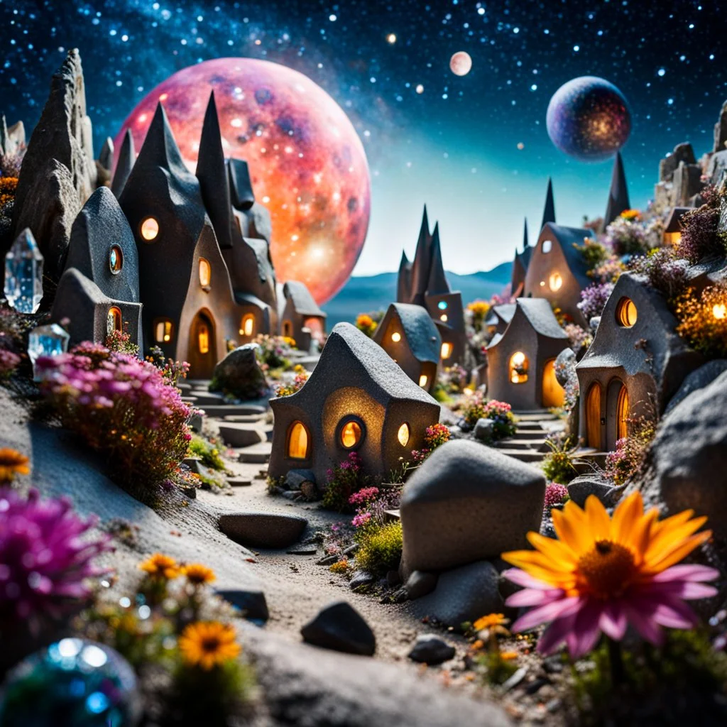 Close-up photograph of a village, naïve, people, flowers, houses, rock formations, stars and planets, animals, crystals, mineral concretions, extreme detail, intricate, volumetric light, colours, Tim Burton, Max Ernst, Yves Tanguy, sparkles, bokeh