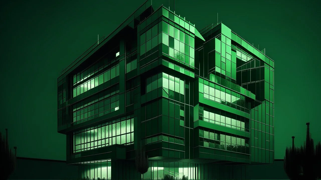 A deconstructivist building at night, with strategic lighting illuminating the various angles and planes of the structure, casting dynamic shadows that transform the environment and encourage the observer to contemplate their connection to the built world., sophisticated muted-green color scheme, studio lighting, copy background, professional grading, advertising, 8bits