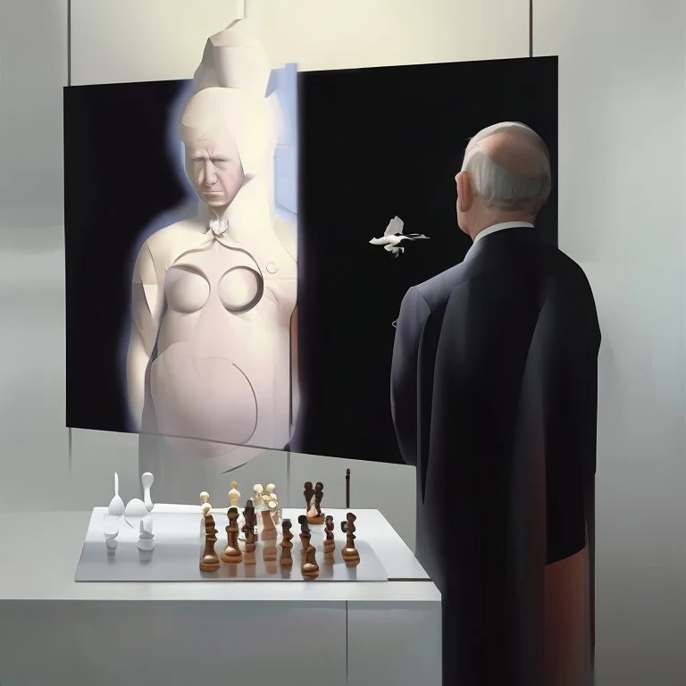 Putin, President Xi Of China And Joe Biden Play Chess With A Pigeon,Ufo And Atomic Bomb Mushroom Cloud,Complex Surgical Instruments Intermixed With A Newborn Boy,Minimalism,Painting By Adrian Ghenie,Rene Magritte,Pablo Picasso,Michelangelo,Salvador Dali,Lucian Freud